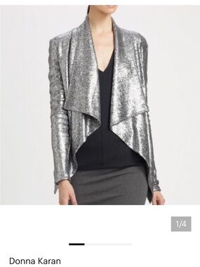 Donna Karan Silver Sequin draped open front evening statement metallic jacket